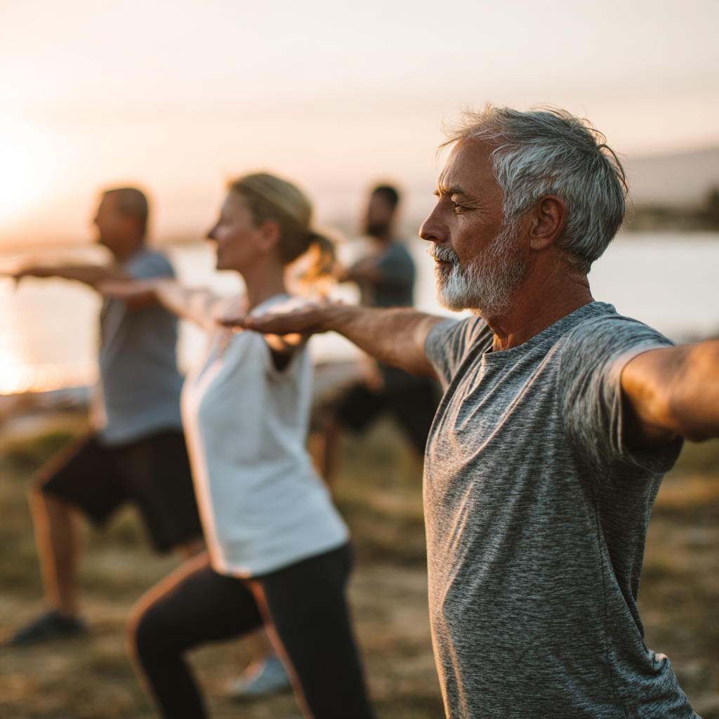 Middle-aged adults practicing gentle mobility exercises in natural environment